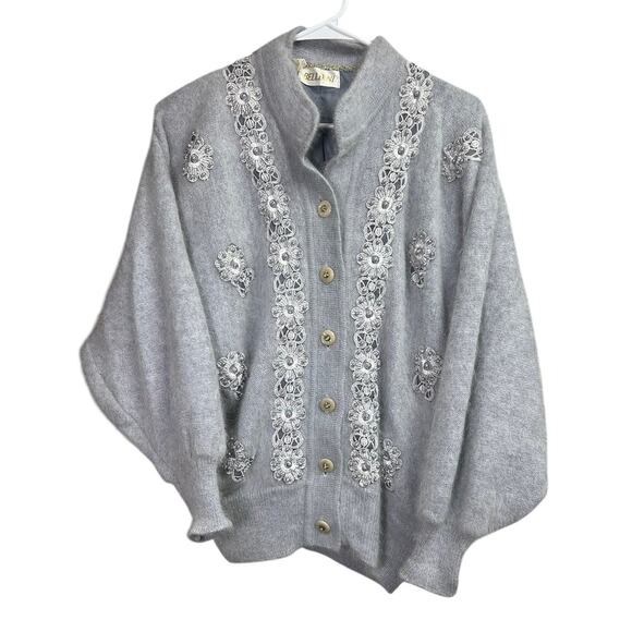 Beldini Vintage Gray Angora Beaded Sweater Cardigan Medium - Picture 1 of 16